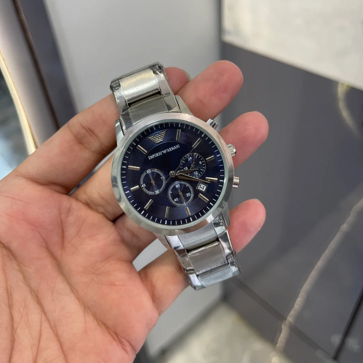 Emporio Armani Classic Blue Dial Stainless Steel Chronograph Watch