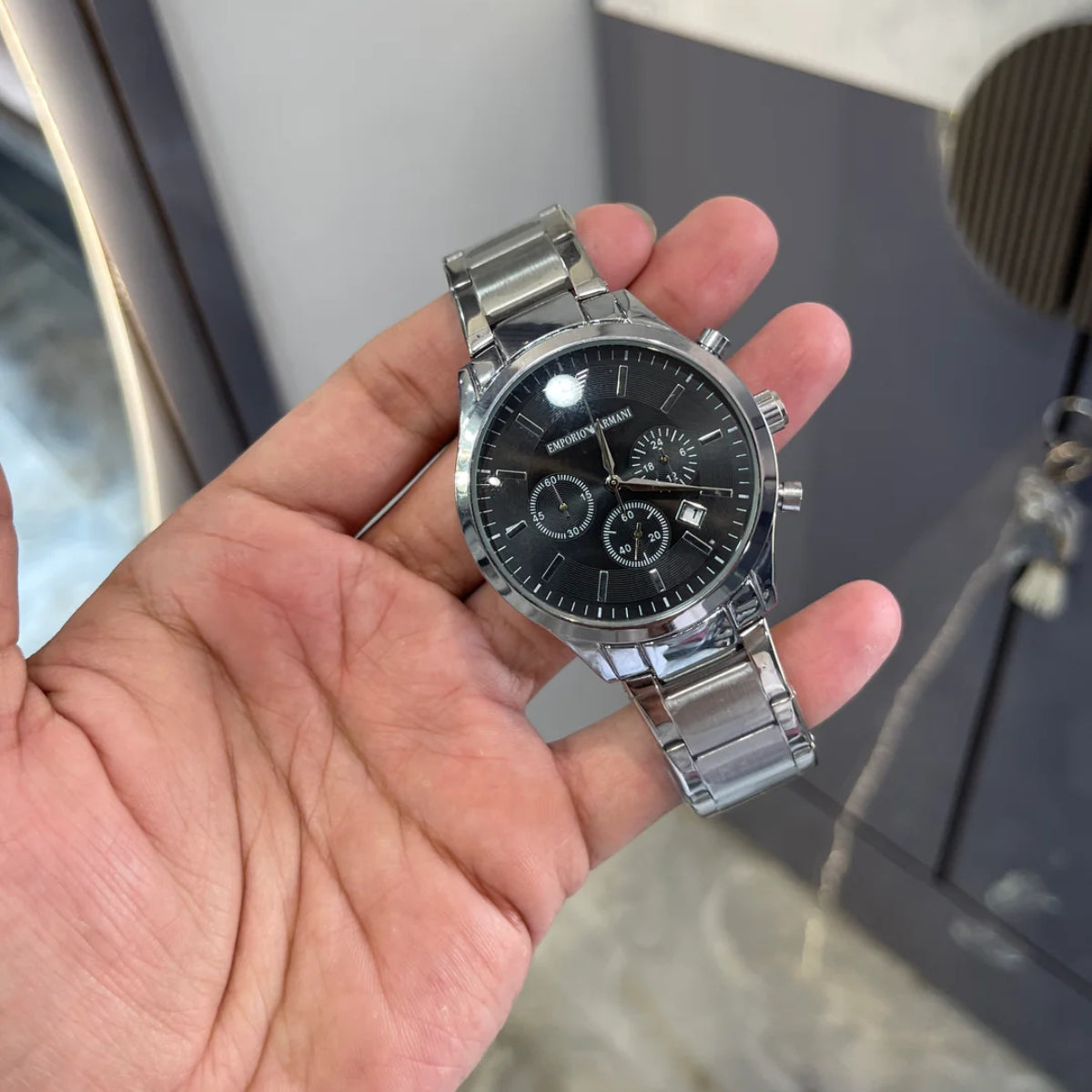 Emporio Armani Elegant Silver Chronograph Watch with Black Dial & Subdials - Classic & Refined