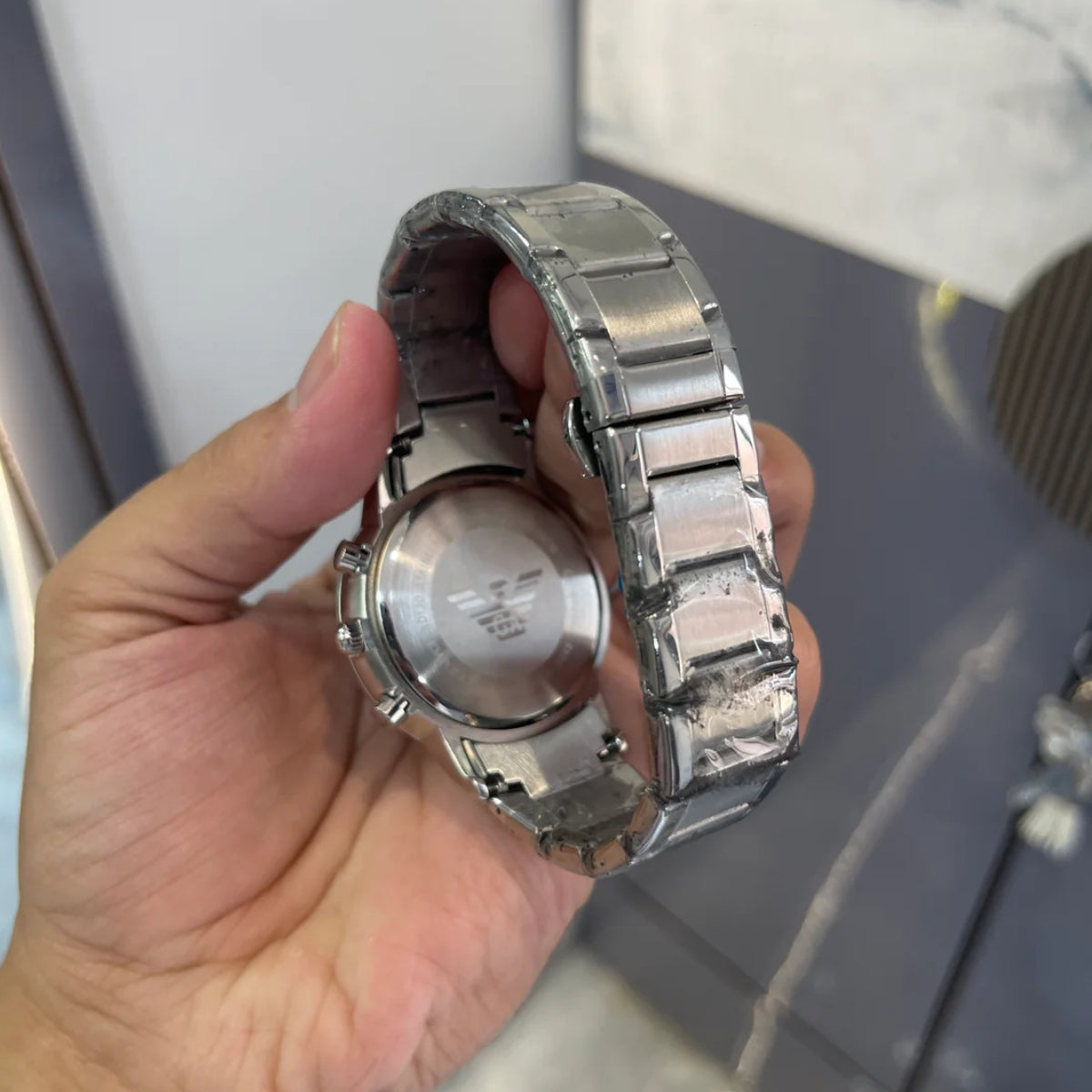 Emporio Armani Elegant Silver Chronograph Watch with Black Dial & Subdials - Classic & Refined